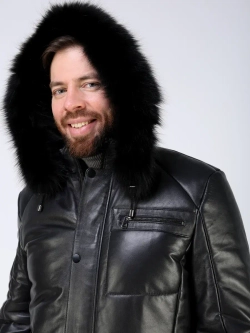 Куртка зимняя кожаная с капюшоном пуховик