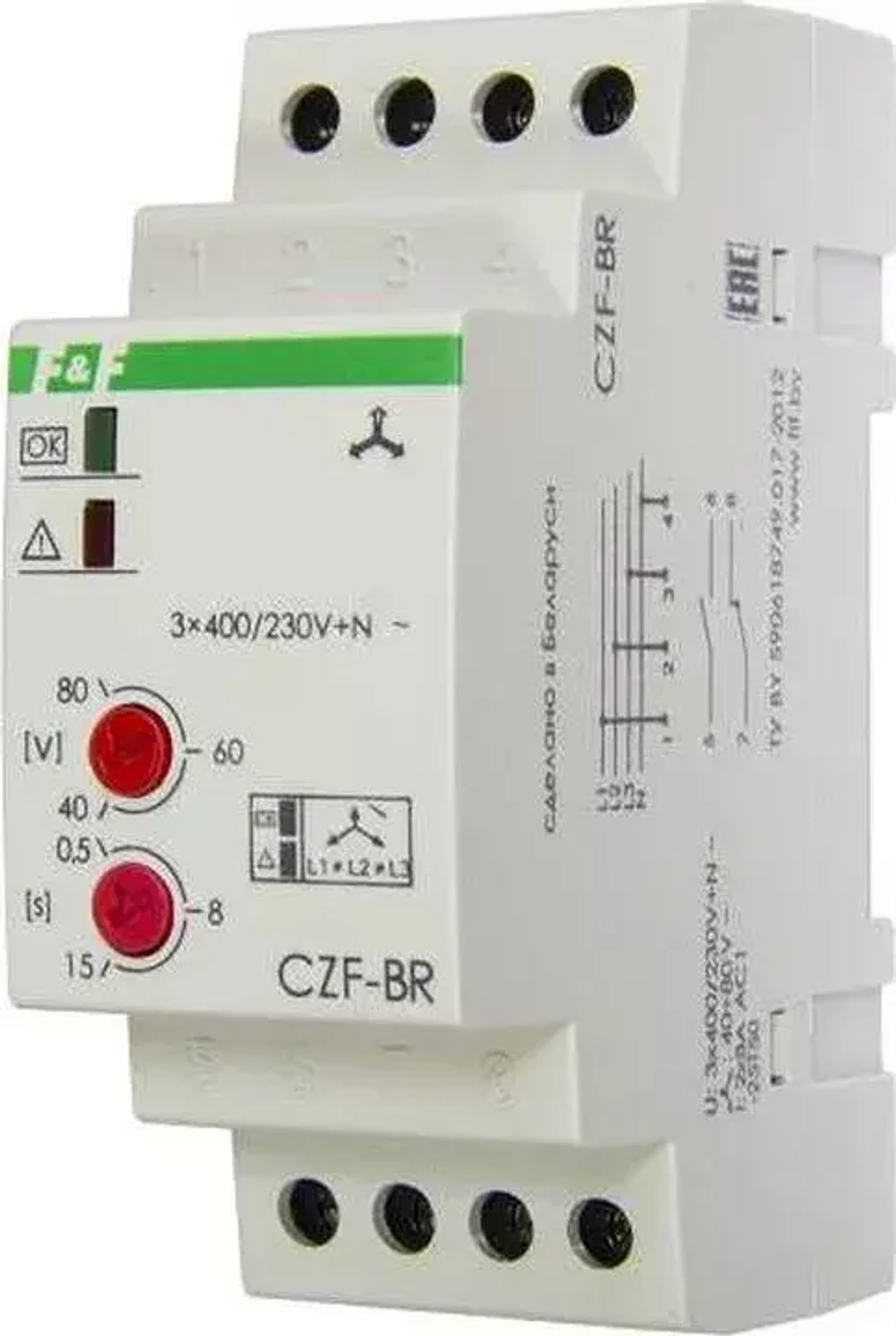 Реле контроля фаз CZF-BR 3х400/230+N 8А 1перекл. IP20