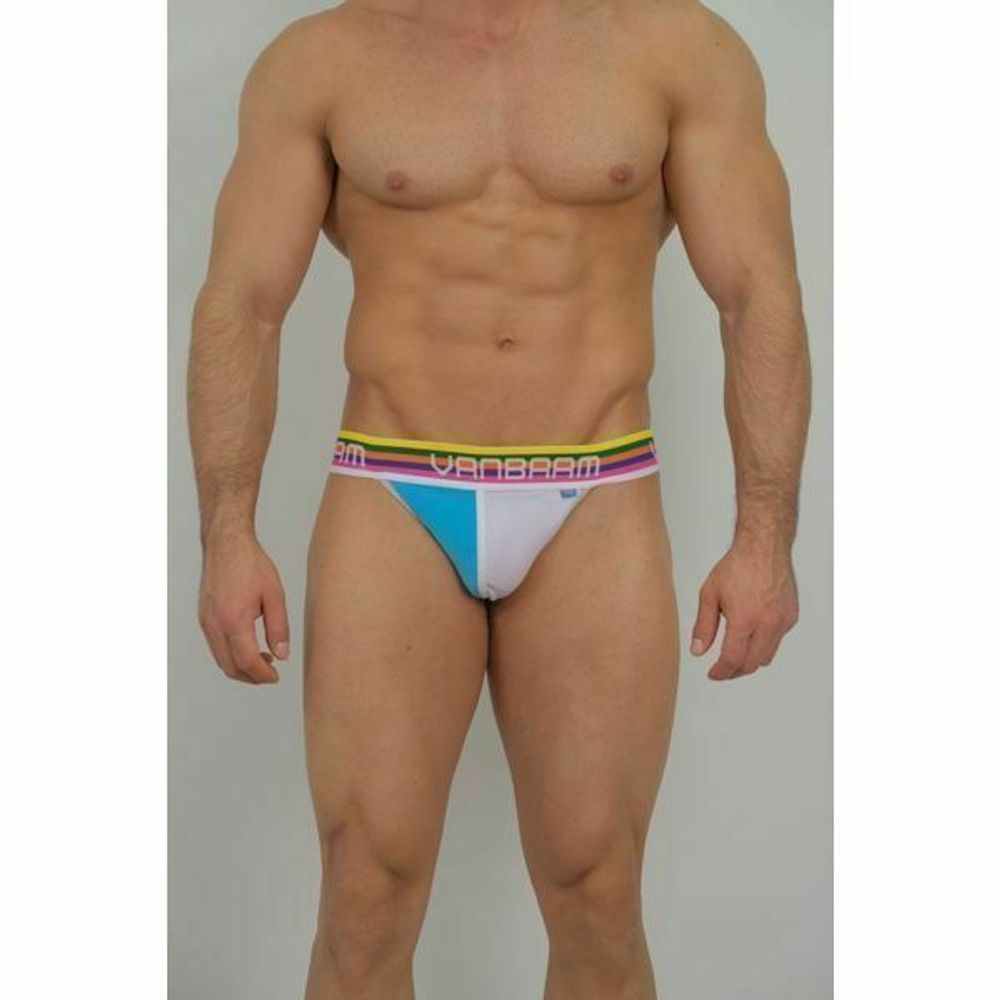Мужские джоки бело-голубые с разноцветной резинкой Van Baam VB-43622