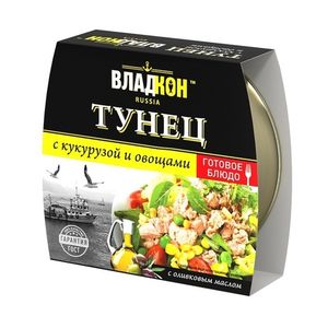 ТУНЕЦ ВЛАДКОН ЖЕЛТОПЕРЫЙ С КУКУРУЗОЙ И ОВОЩАМИ №2 160ГР