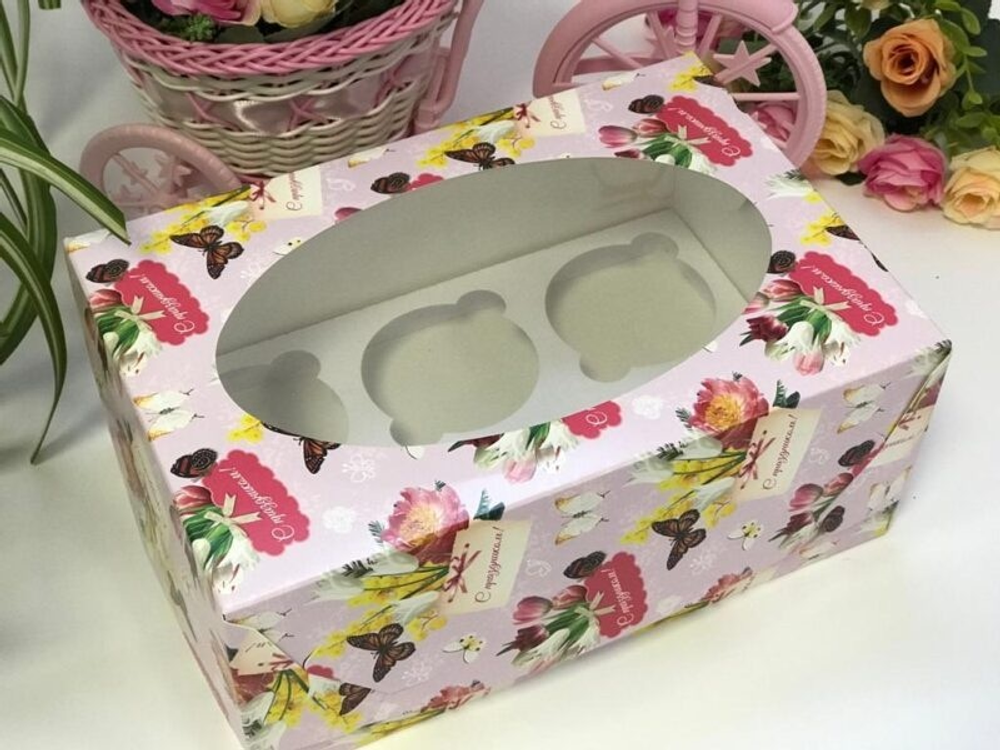 коробка под капкейки на 6 с окном 235х160х100 (с праздником)