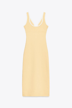 ZARA ДЛИННОЕ ПЛАТЬЕ С КОНТРАСТНОЙ ОТДЕЛКОЙ, ЖЕЛТЫЙ