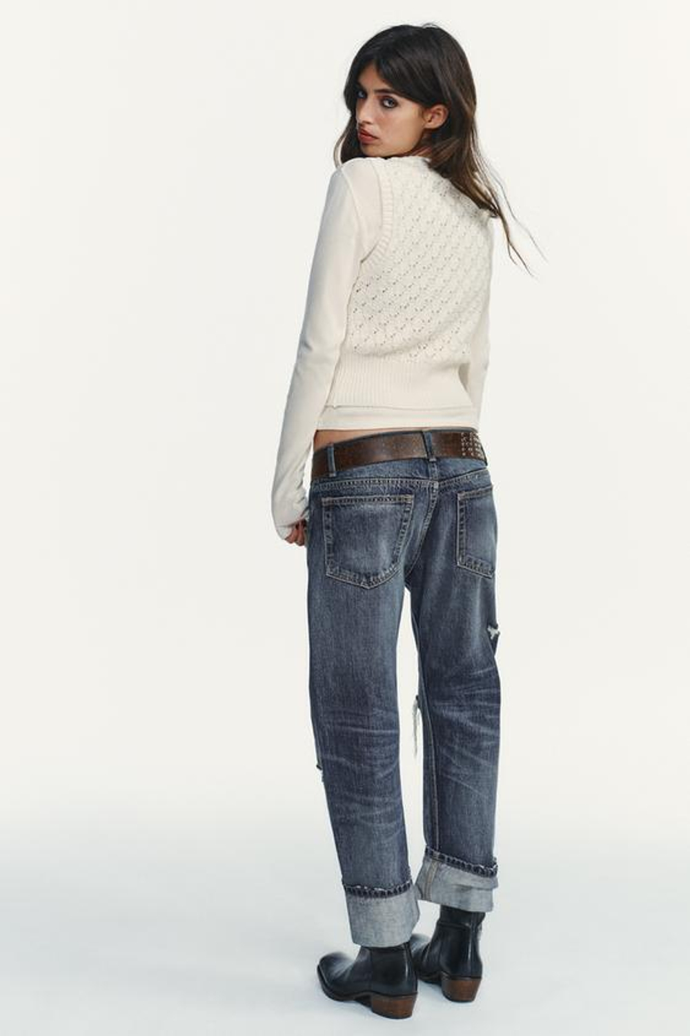 ZARA ПРЯМЫЕ ДЖИНСЫ TRF С ДЫРАМИ СРЕДНЕЙ ПОСАДКИ, МОРСКОЙ СИНИЙ