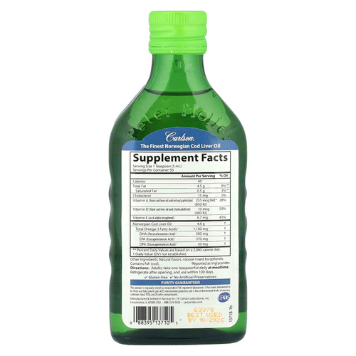 Carlson, Cod Liver Oil, Natural Green Apple , 1,100 mg, 8.4 fl oz (250 ml)