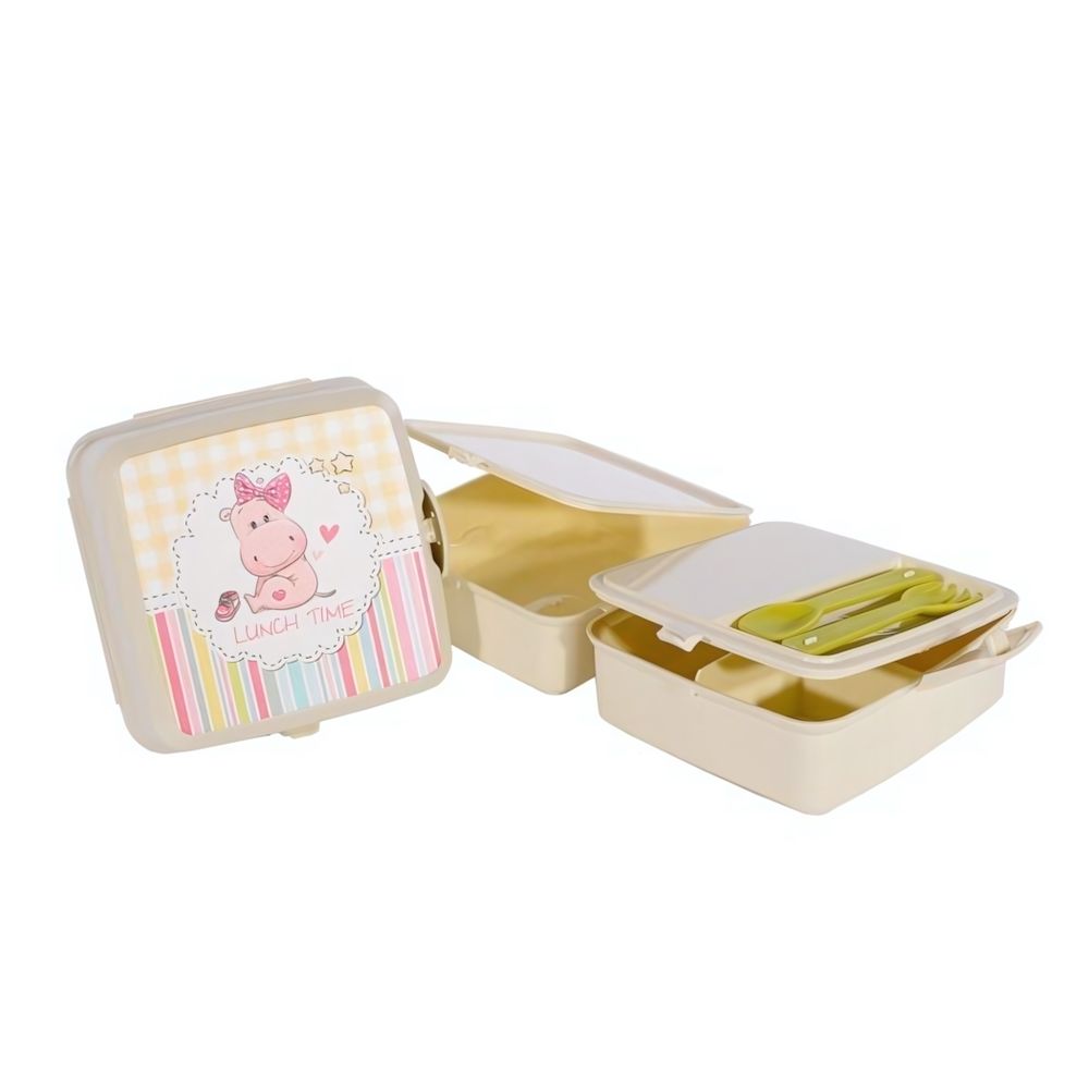 Ланч-бокс &quot;Bento&quot; со столовыми приборами слоновая кость с рисунком &quot;Бегемот&quot;