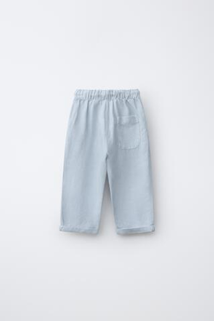 ZARA БРЮКИ СТРУЯЩЕГОСЯ КРОЯ ИЗ СМЕСОВОГО ЛЬНА, ГОЛУБОЙ