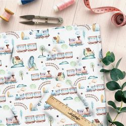 Ткань лен акварельные паровозики