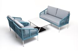 "Канны" лаунж-зона 4-местная из роупа со столом "Гранада" (молочный), каркас алюминиевый светло-серый, роуп бирюзовый