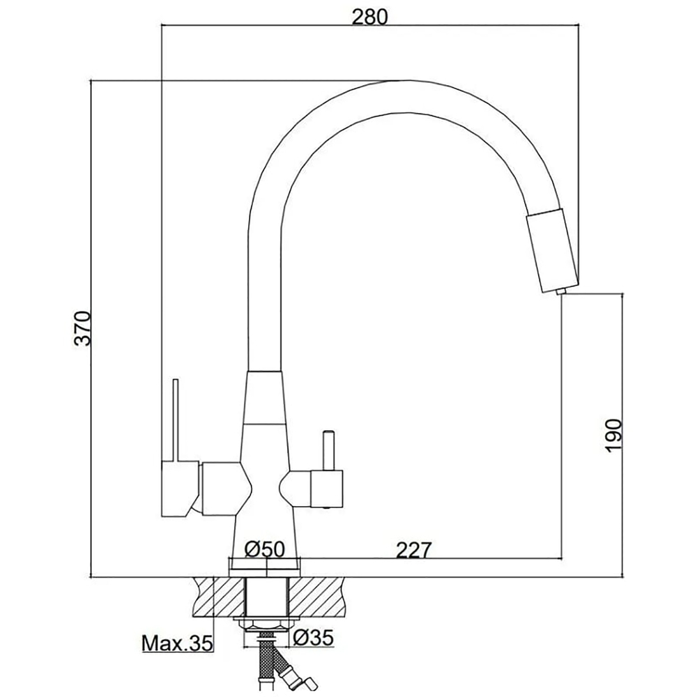 Смеситель для кухни 35к HB76859-7 HAIBA с вых. для питьевого фильтра с/отв п/гайку ГИБКИЙ ЧЕРНЫЙ^