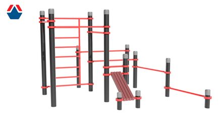Воркаут комплекс К-108 турник 3, перекладин для отжим.2, брусья, скамья, шв.стенка (загл.сталь+брус)
