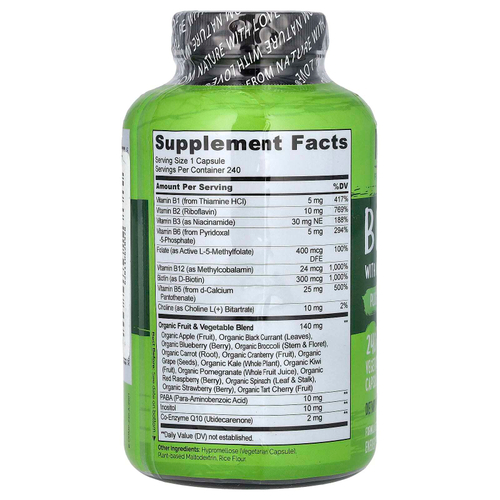 NATURELO, Комплекс витаминов группы B со смесью фруктов и овощей, плюс коэнзим Q10, 240 вегетарианских капсул