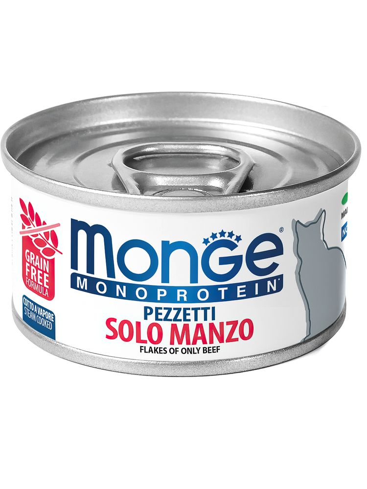 Влажный корм Monge Cat Monoprotein для кошек, мясные хлопья из мяса говядины, консервы 80 г