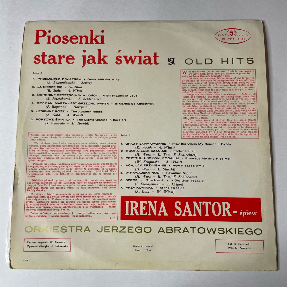 Винтажная виниловая пластинка LP Irena Santor Ирена Сантор Piosenki Stare Jak Swiat (Old Hits) (Польша 1966)