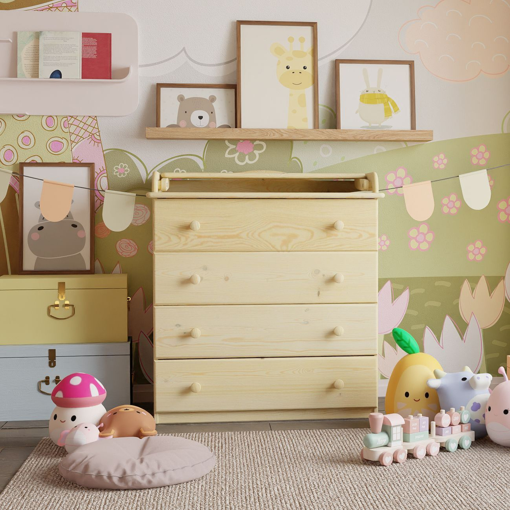 Пеленальный комод деревянный Алиса с откидным столиком, 80х44х88 см, детский широкий комод с 4 ящиками для хранения вещей из массива сосны, в лаке
