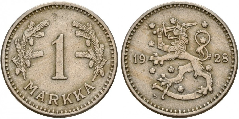 Финляндия 1 марка, 1928 - 1940 Лев XF