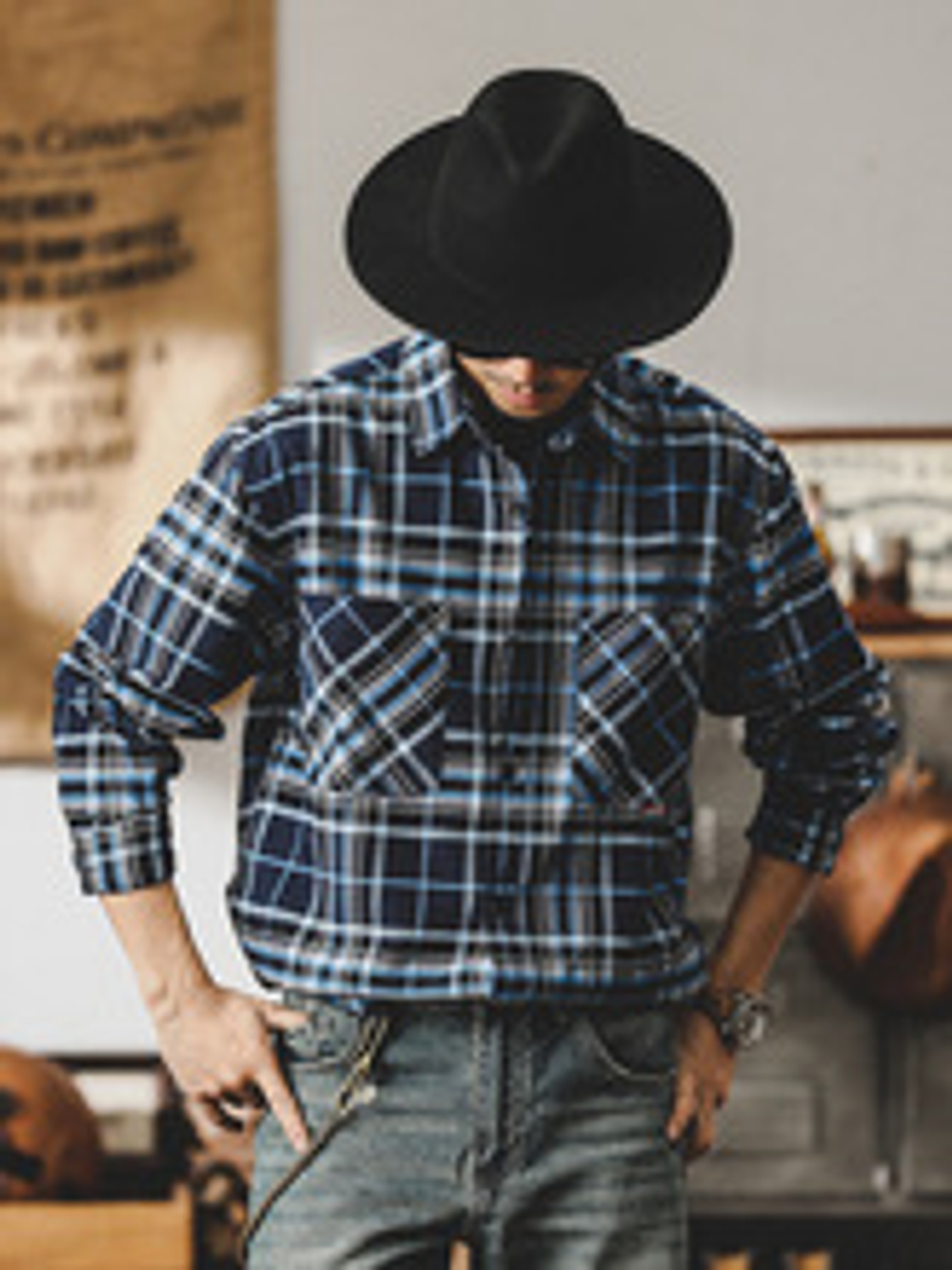 American Ретро Рубашка с длинными рукавами в крупную клетку с накладными карманами/