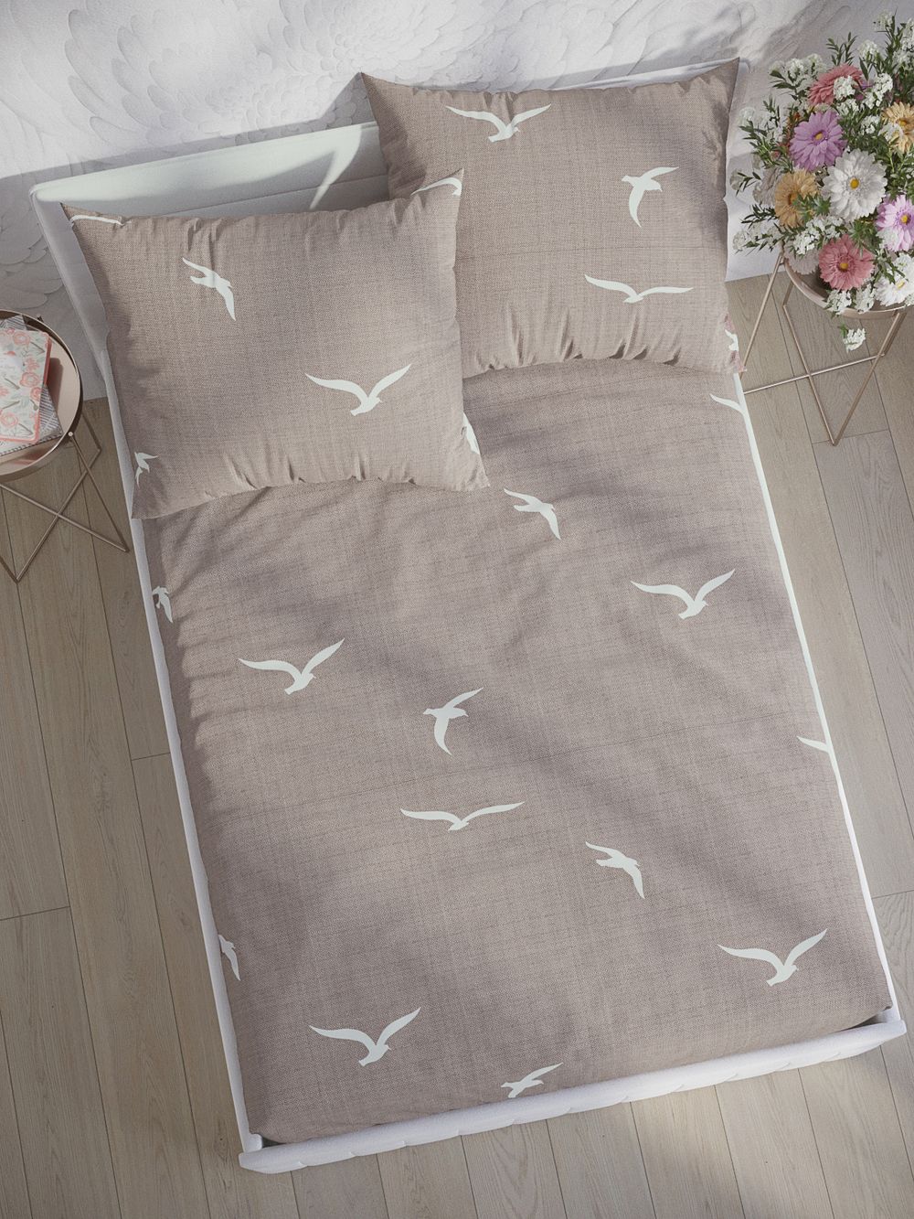 Постельное белье перкаль Сказка "Чайки" 1,5-сп Наволочка 50х70 см 1 шт Простынь на резинке 90x200 см Пододеяльник 145x215 см