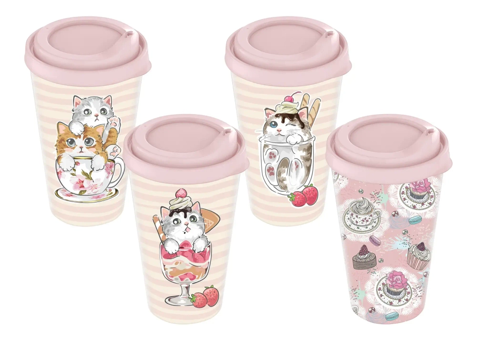 Стакан с крышкой 420мл с декором «sweet cats» (розовый)