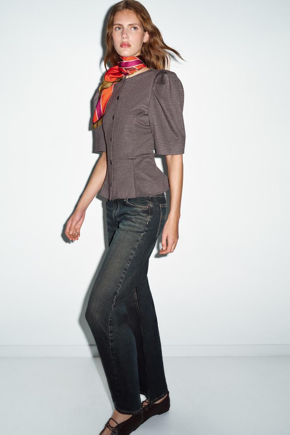 ZARA ТОП С ОБЪЕМНЫМИ РУКАВАМИ, КОРИЧНЕВЫЙ МЕЛАНЖ