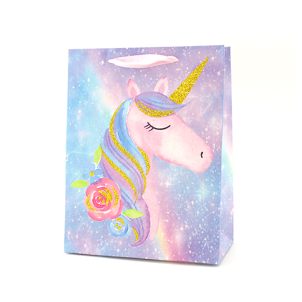 Пакет подарочный "Единорог с цветами" Сиреневый с глиттером 18*10*23 см