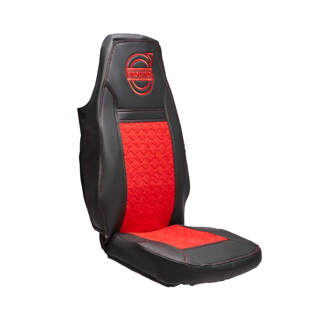 Чехлы VOLVO FH-12 после 2003 года: два высоких сиденья, ремни из сиденья (есть вырезы под ремень) (экокожа, черный, красная вставка)