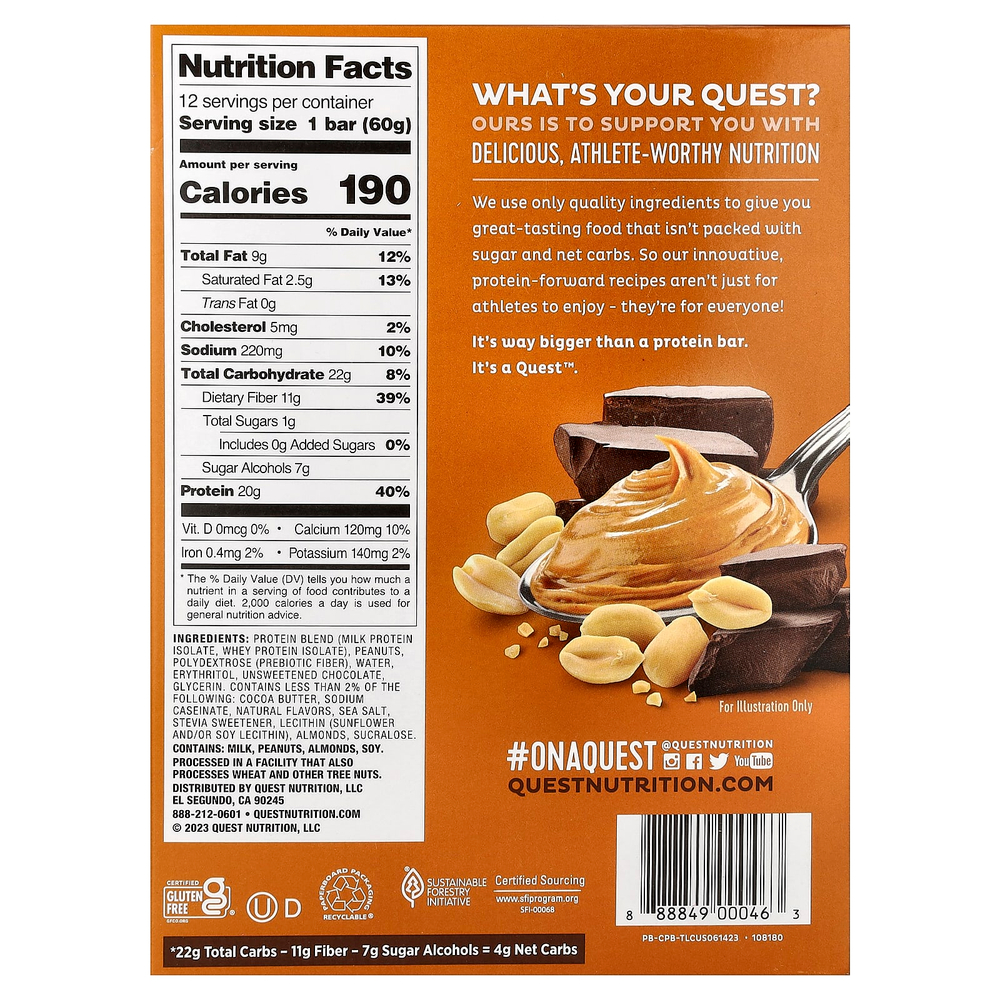 Quest Nutrition, протеиновый батончик, шоколад и арахисовая паста, 12 батончиков по 60 г (2,12 унции)
