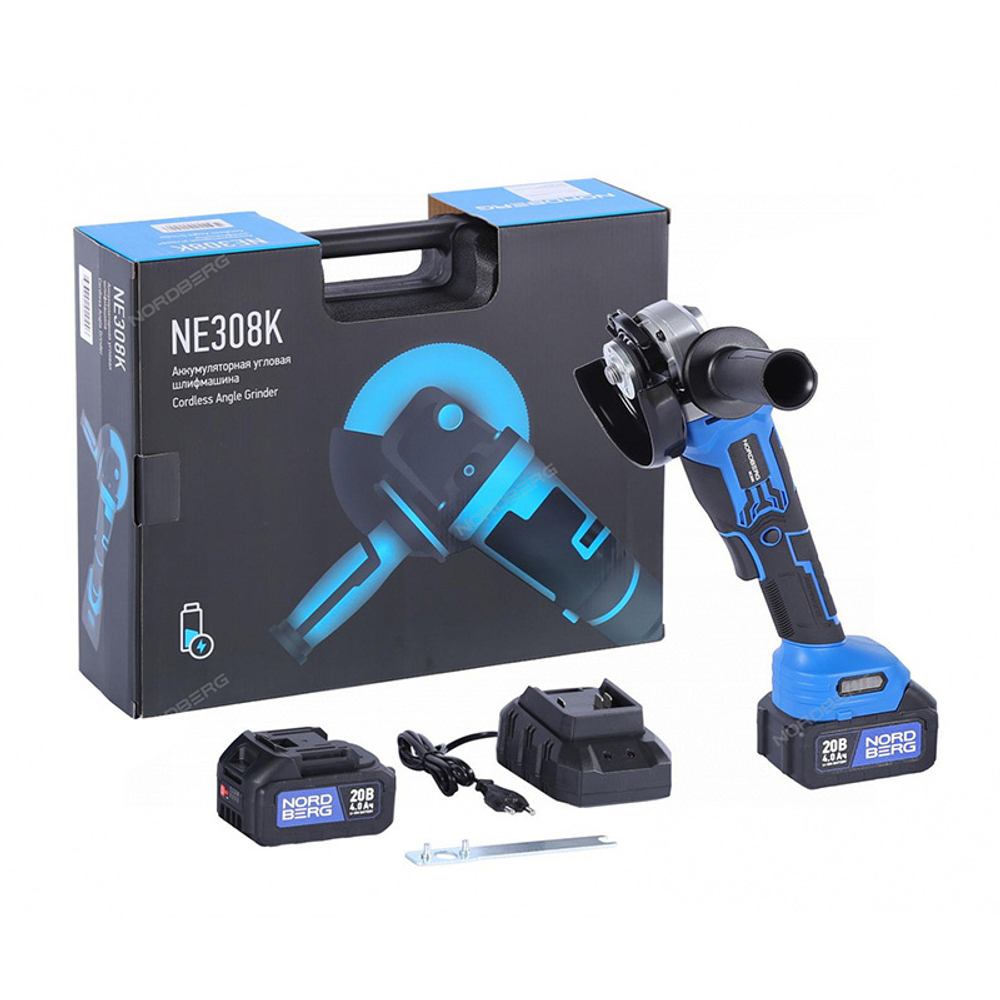NORDBERG (NE308K) Угловая шлифмашина аккумуляторная (УШМ), диам. диска 125 мм, 20 В, 2 аккумулятора и зарядное устройство