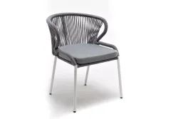 "Милан" стул плетеный из роупа, каркас алюминий белый муар, роуп светло-серый круглый, ткань светло-серая