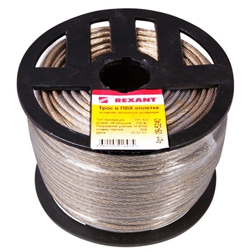Трос стальной d4.0 мм в ПВХ изоляции, катушка 100 метров Rexant 09-5240