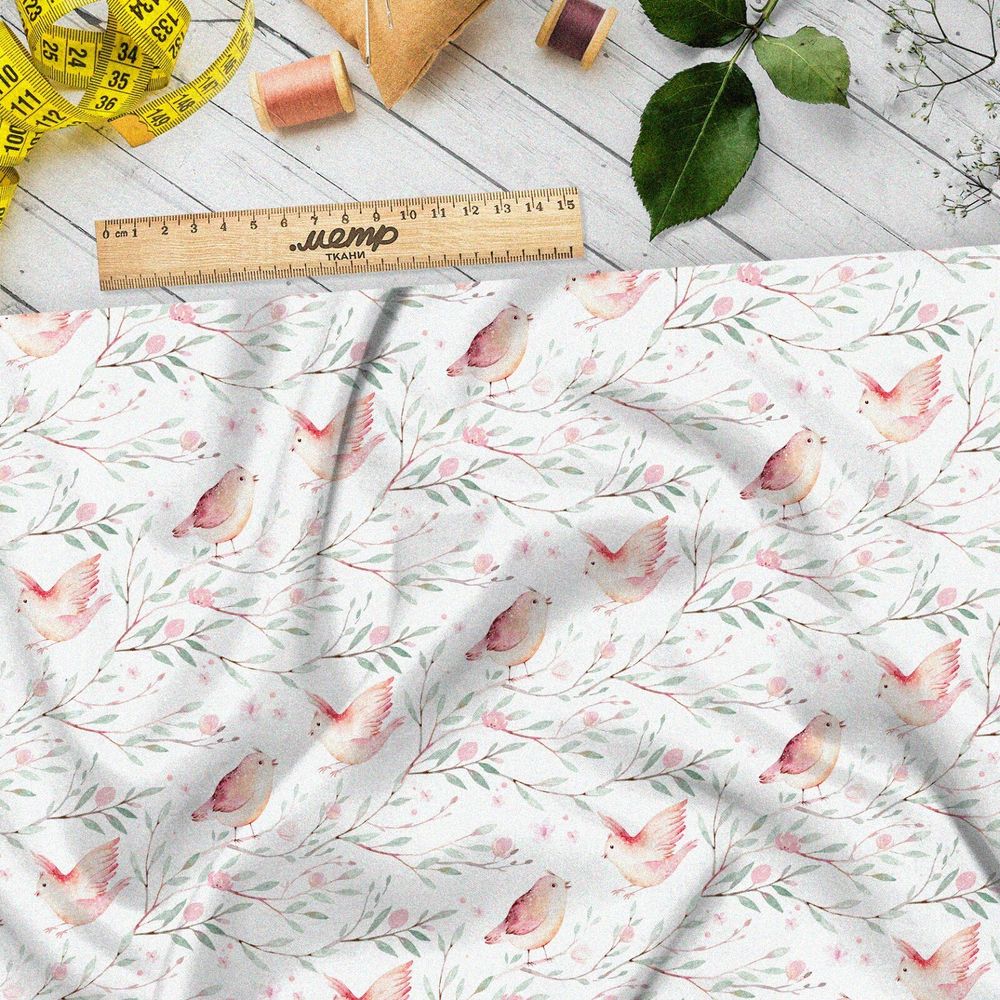 Ткань интерлок птички с веточками