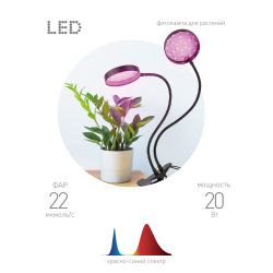 Светильник для растений на прищепке ЭРА FITO-20W-АLED-R красно-синего спектра 20 Вт черный | Интерьерные фито светильники