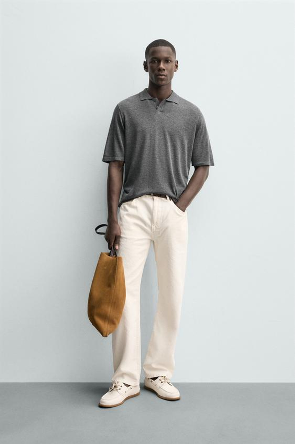 ZARA ТРИКОТАЖНОЕ ПОЛО RELAXED FIT, СЕРЫЙ МЕЛАНЖ