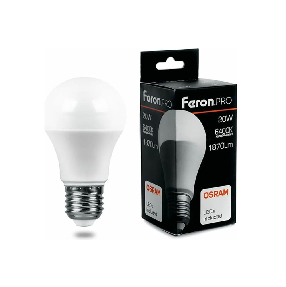 Feron.PRO Лампа св/д ЛОН A65 E27 20W 1870lm 6400K 6K матовый 134x65 OSRAM LED LB-1020 38043