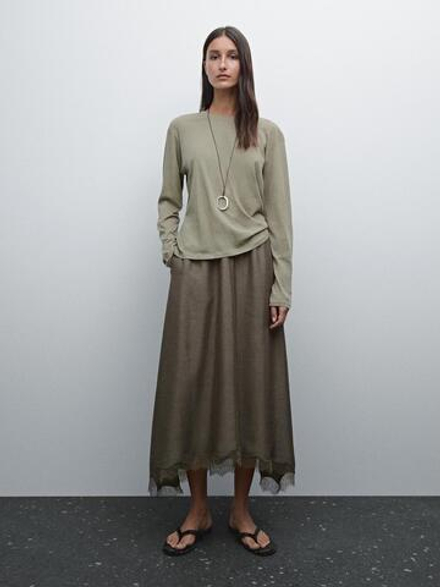 Massimo Dutti Юбка миди с кружевом, бежевый
