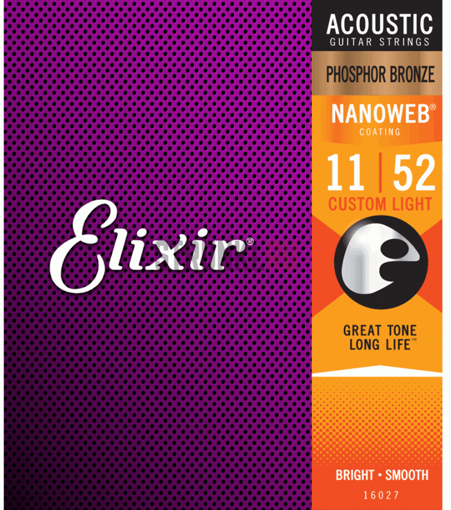 Elixir 16027 Nanoweb Комплект струн для акустической гитары, Custom Light, фосфорная бронза, 11-52.