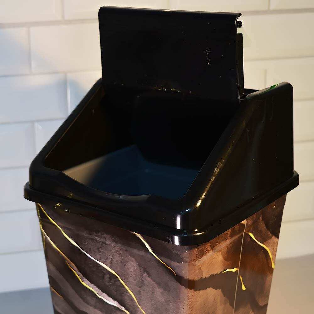 Ведро для мусора 10л с подвижной крышкой квадратное "Черный мрамор"