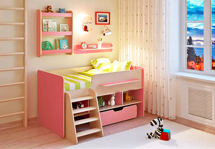 Кровать-чердак КарИВи Легенда 6 с полками  Дуб Молочный Розовый