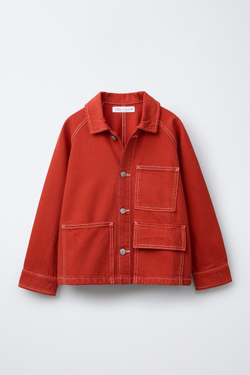 ZARA КУРТКА-РУБАШКА ИЗ ТВИЛА С ДЕКОРАТИВНОЙ СТРОЧКОЙ, КРАСНЫЙ