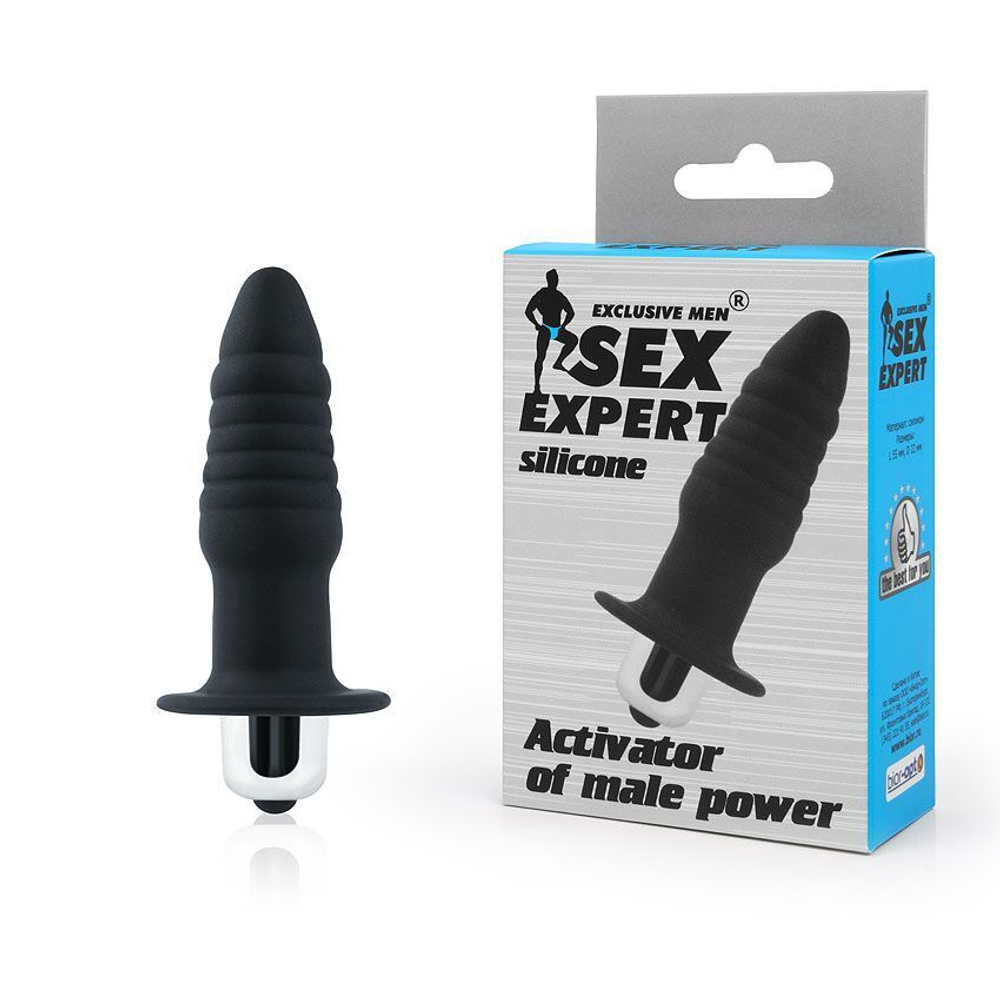 Черная ребристая вибровтулка с ограничителем - 7 см. (Цвет: черный)