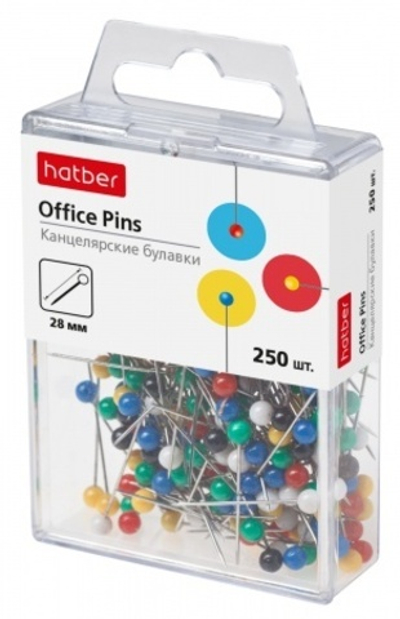 Булавки канцелярские Hatber, 28 мм, ассорти, 250 шт