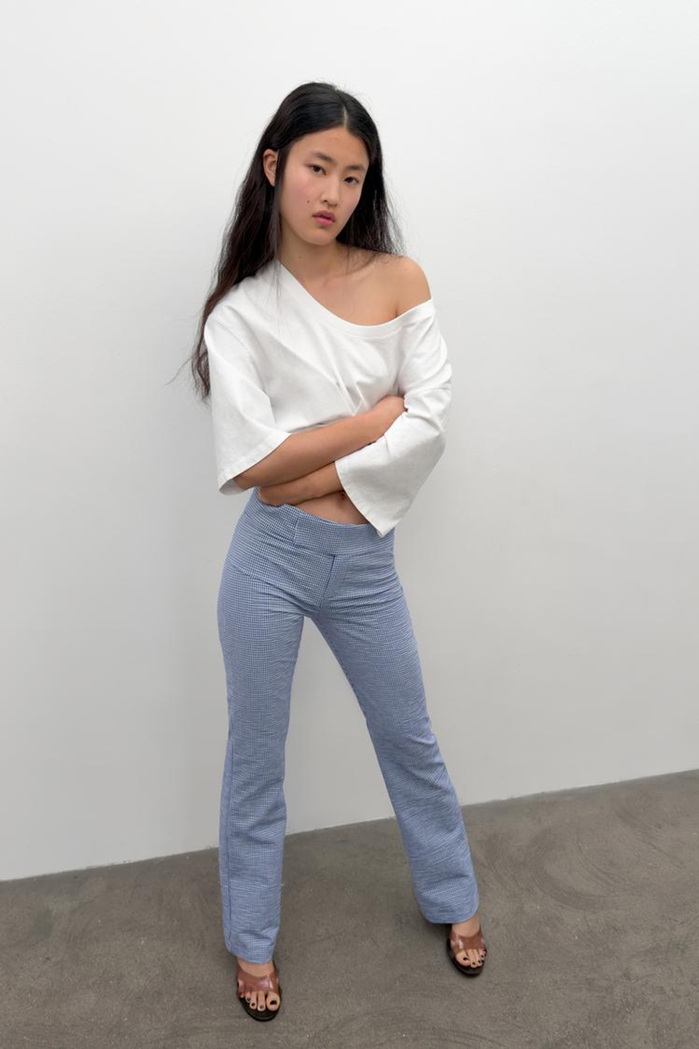 ZARA БРЮКИ FLARE В КЛЕТКУ ВИШИ, ТЕМНО-СИНИЙ/БЕЛЫЙ