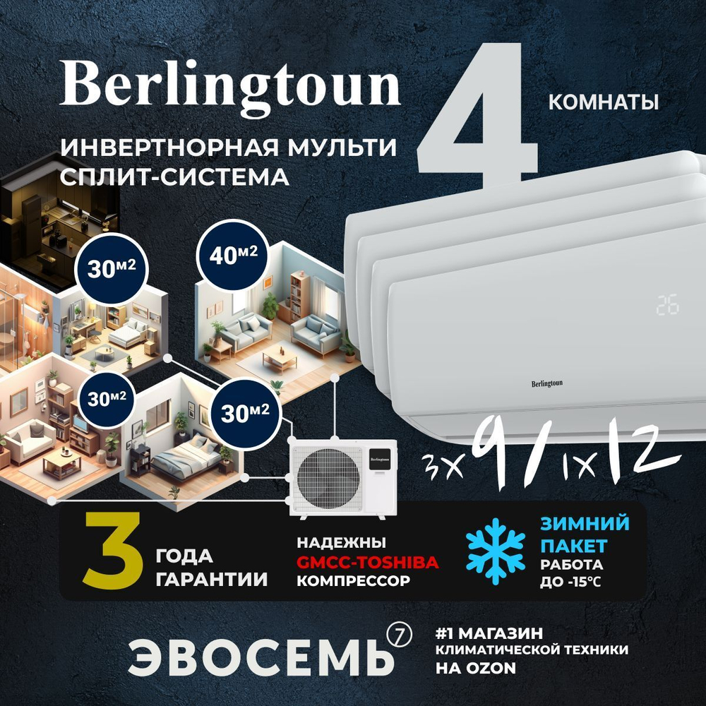 Инверторная мульти сплит-система Berlingtoun на 4 комнаты (30м2x3 + 40м2) BMO-36/4AIN1/BMI-09AIN1x3 + BMI-12AIN1