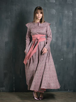 Платье с кушаком /персик клетка