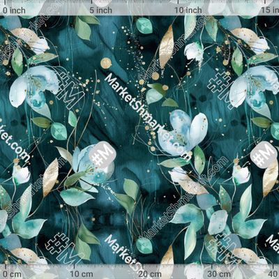 Изумрудный принт с голубыми цветами и поталью by KabolovaPatternDesign 229 DPI