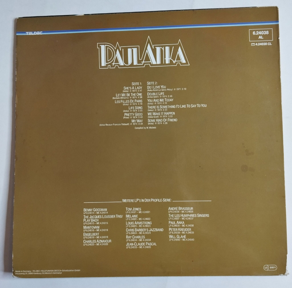 Винтажная виниловая пластинка LP Paul Anka My Way (Germany 1979)