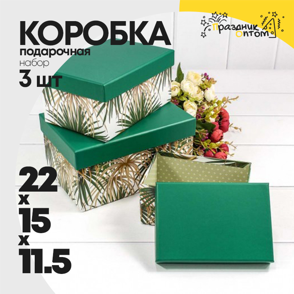 Коробка 22х15х11.5 см Набор 3 шт "Пальмы" (Белый, Зеленый)