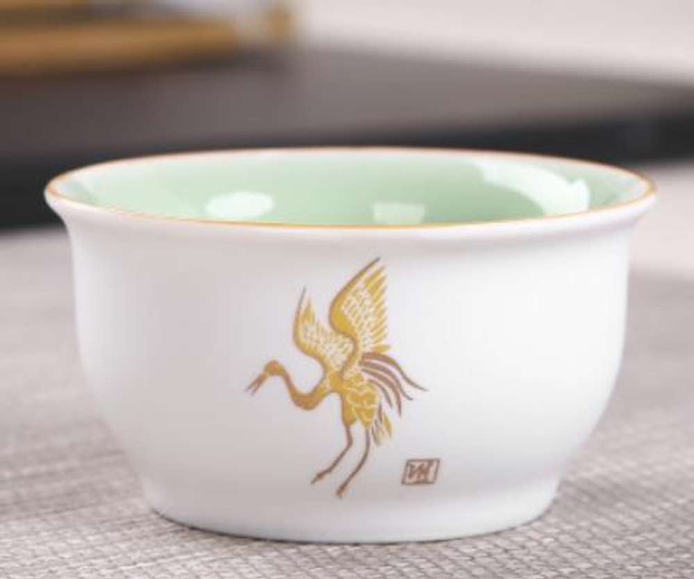 268082.3 Пиала ЖУРАВЛИ "Прогулка в облаках", h=3,3см, d=6,3см, 50мл, фарфор мат.белый