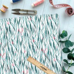 Ткань атлас плотные синеватые листья ивы на белом фоне