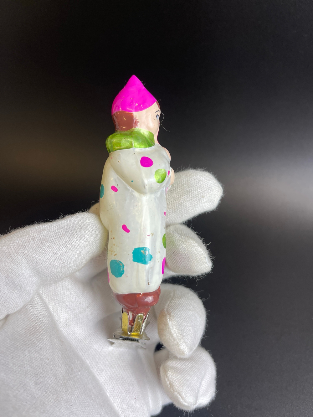 Ёлочная игрушка на прищепке "Клоун с дудочкой", винтаж, стекло СССР 1950-1970 гг