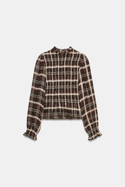 ZARA РУБАШКА В КЛЕТКУ С ЭЛАСТИЧНЫМ ЖАТЫМ УЗОРОМ, КОРИЧНЕВЫЙ/ЭКРЮ